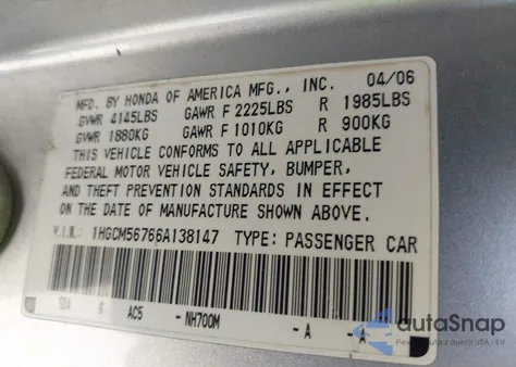 2006 Honda Accord 2.4 Ex from USA, damaged, VIN 1HGCM56766A138147